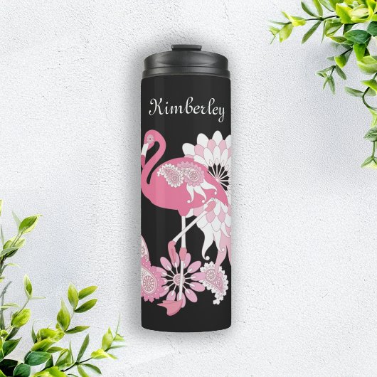 Gepersonaliseerd Modern Black Pink Flamingo Thermosbeker