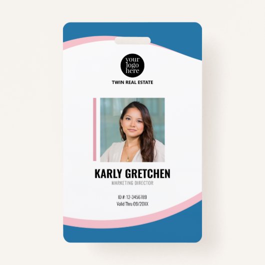 Gepersonaliseerd Modern Corporate Employee Blue Ro Badge (Voorkant)