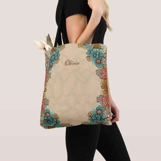 Gepersonaliseerd modern Floral Beige Blue Sinaasap Tote Bag (Dichtbij)