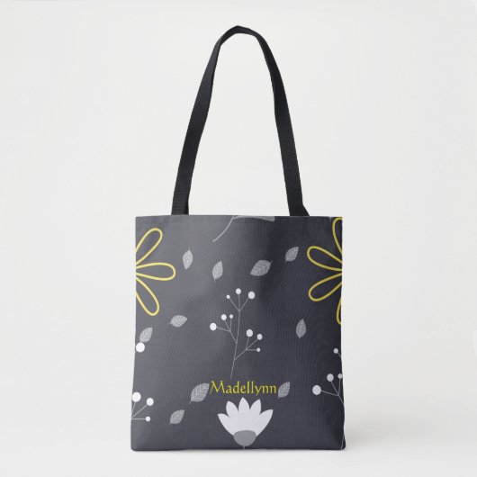 Gepersonaliseerd Modern Floral Black en Yellow Tote Bag (Voorkant)