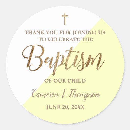 Gepersonaliseerd Modern GEEL Baby doopsel dank u Ronde Sticker (Voorkant)