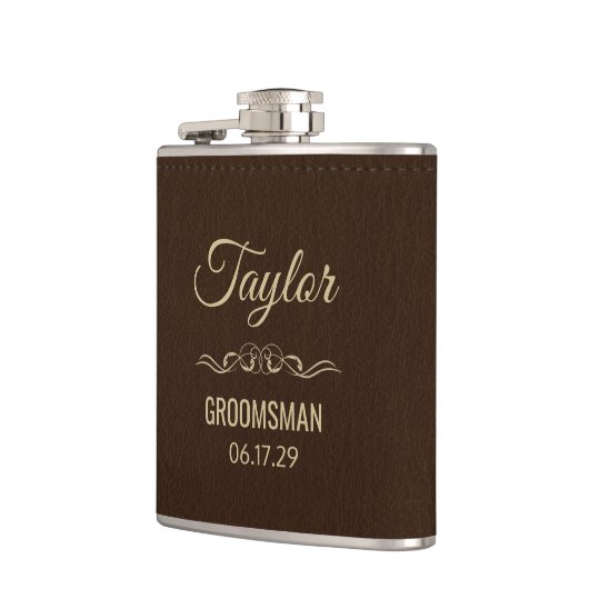 Gepersonaliseerd Modern Gold Script van Bruin Leer Heupfles (Links)