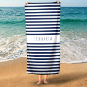 Gepersonaliseerd modern marineblauw gestreept patr strandlaken