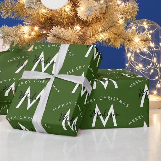 Gepersonaliseerd Modern Merry Christmas Green Mono Cadeaupapier (Feestdagen)