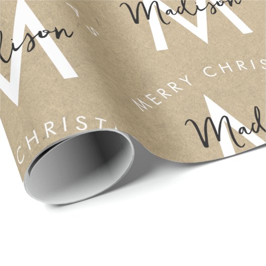 Gepersonaliseerd Modern Merry Christmas Kraft Mono Cadeaupapier (Rol Hoek)