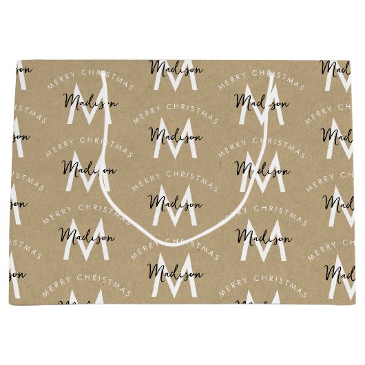 Gepersonaliseerd Modern Merry Christmas Kraft Mono Groot Cadeauzakje (Voorkant)