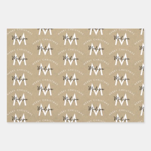 Gepersonaliseerd Modern Merry Christmas Kraft Mono Inpakpapier Vel (Voorkant 3)