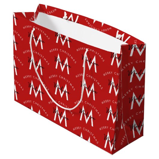 Gepersonaliseerd Modern Merry Christmas Red Monogr Groot Cadeauzakje (Achterkant Gekanteld)