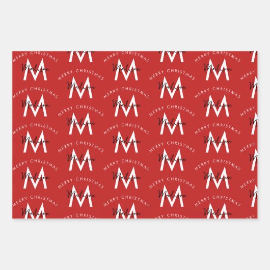 Gepersonaliseerd Modern Merry Christmas Red Monogr Inpakpapier Vel (Voorkant 3)