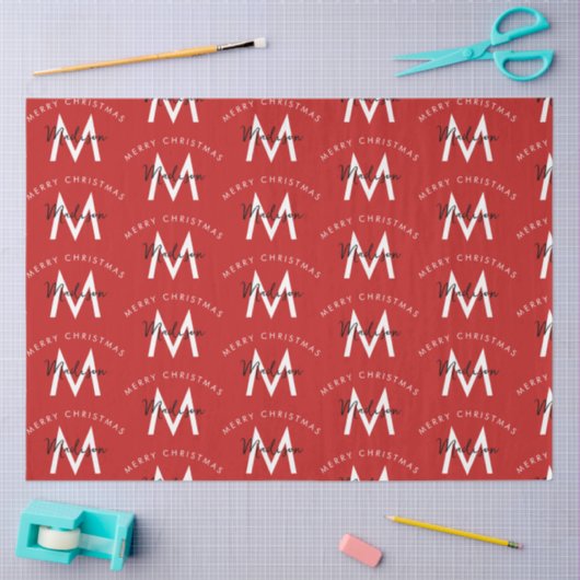 Gepersonaliseerd Modern Merry Christmas Red Monogr Tissuepapier (Craft)