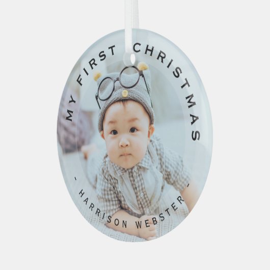 Gepersonaliseerd modern Mijn eerste kerstfotoglas Glas Ornament (Voorkant links)