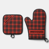 Gepersonaliseerd Modern Rood en Zwart Plaid Ovenwant & Pannenlap Set (Voorkant)