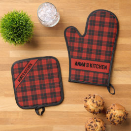 Gepersonaliseerd Modern Rood en Zwart Plaid Ovenwant & Pannenlap Set