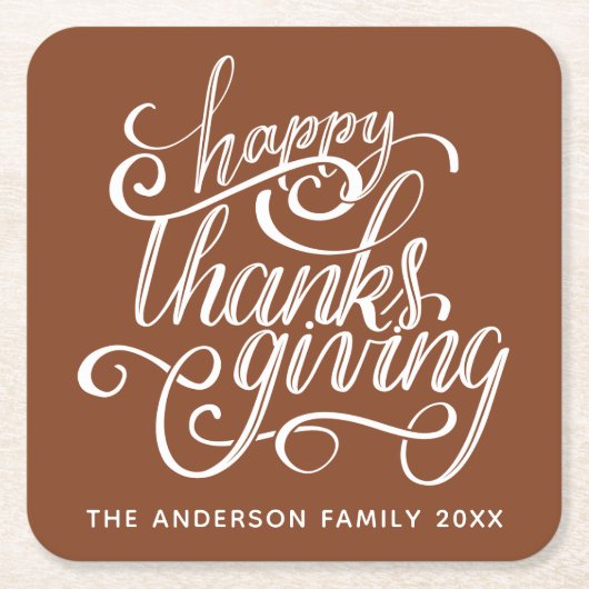 Gepersonaliseerd Modern Script Happy Thanksgiving Kartonnen Onderzetters (Voorkant)