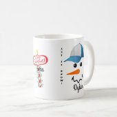 Gepersonaliseerd Mok blauw en wit pet Snowman Face (Voorkant rechts)
