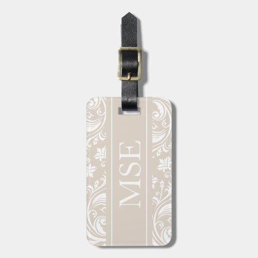 Gepersonaliseerd Monogram Beige White Damask Patro Bagagelabel (Voorkant verticaal)