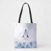 Gepersonaliseerd monogram blauw bloembruid tote bag (Voorkant)