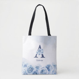 Gepersonaliseerd monogram blauw bloembruid tote bag