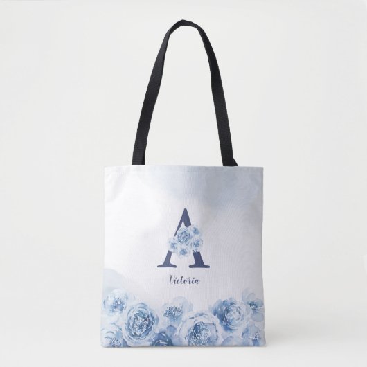 Gepersonaliseerd monogram blauw bloembruid tote bag (Voorkant)