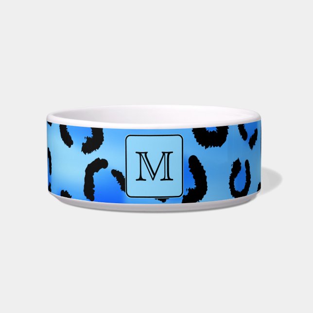 Gepersonaliseerd monogram, blauw luipspatroon. voerbakje (Voorkant)