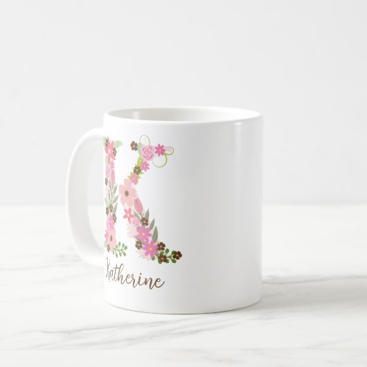 Gepersonaliseerd monogram Bloemletter K Koffiemok (Voorkant links)