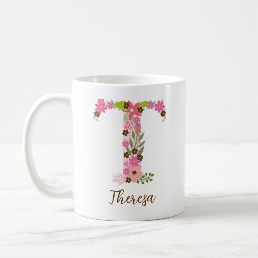 Gepersonaliseerd monogram Bloemletter T Koffiemok (Links)