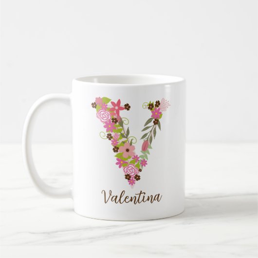 Gepersonaliseerd monogram Bloemletter V Koffiemok (Links)