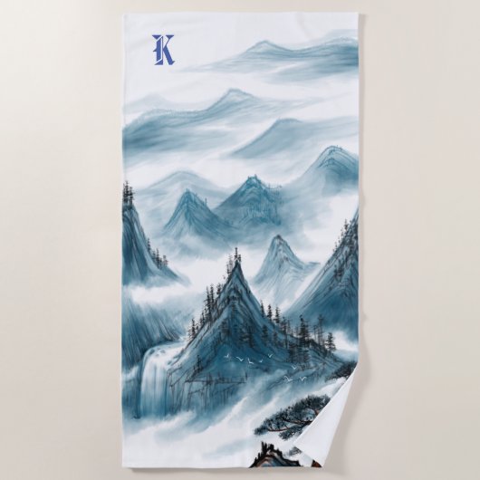 Gepersonaliseerd Monogram Blue Rolling Mountain Ui Strandlaken (Voorkant)