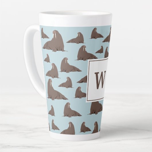 Gepersonaliseerd monogram Cute Walrus Pattern Latte Mok (Linkerhoek)