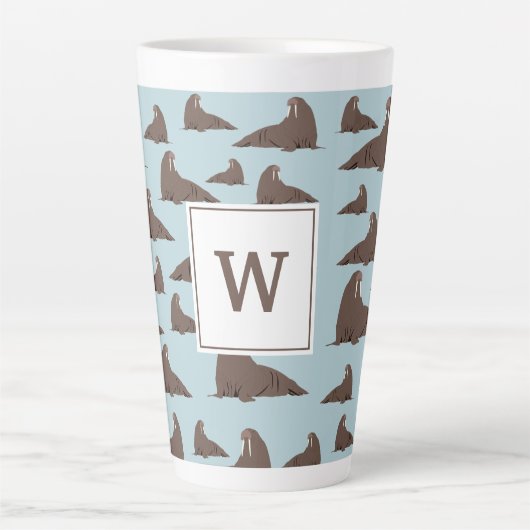 Gepersonaliseerd monogram Cute Walrus Pattern Latte Mok (Voorkant)