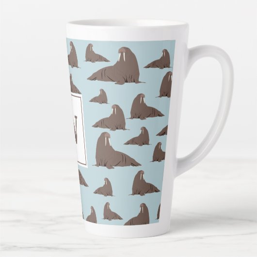 Gepersonaliseerd monogram Cute Walrus Pattern Latte Mok (Rechts)