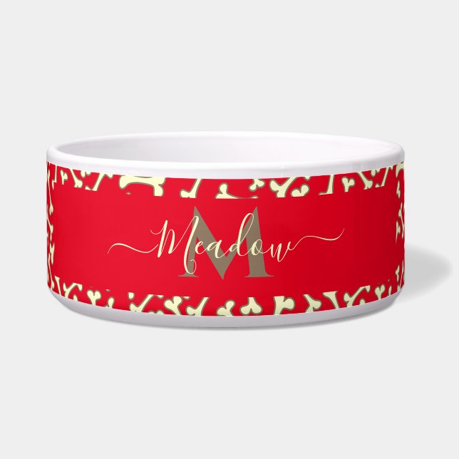 Gepersonaliseerd Monogram Dog Bone Cartoon Red Pet Voerbakje (Voorkant)
