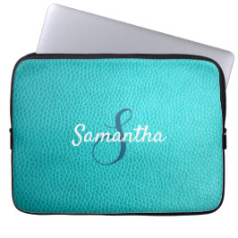 Gepersonaliseerd monogram en blauw leder laptop sleeve