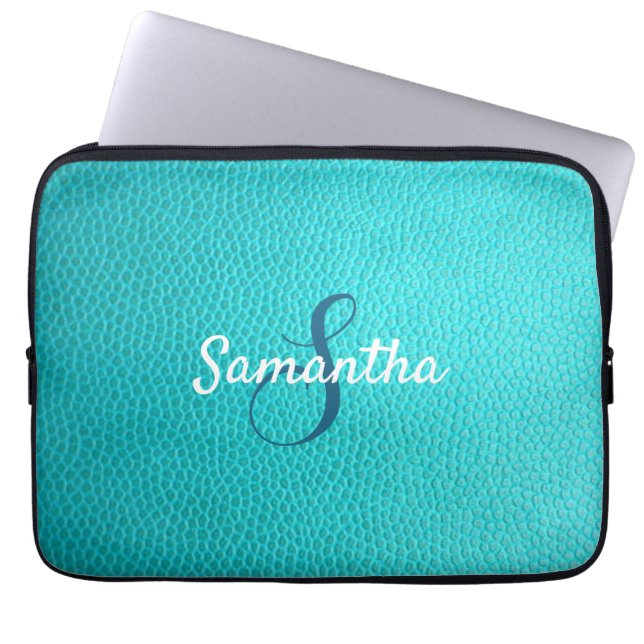 Gepersonaliseerd monogram en blauw leder laptop sleeve (Voorkant)