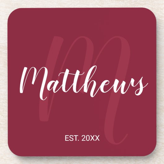 Gepersonaliseerd monogram en familienaam Burgundy  Bier Onderzetter (Voorkant)