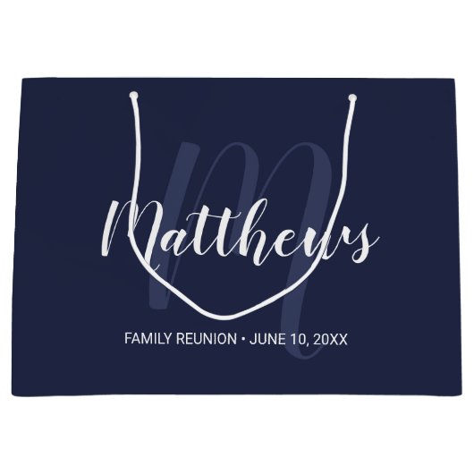 Gepersonaliseerd monogram en familienaam Navy Blue Groot Cadeauzakje (Voorkant)