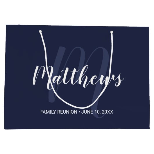 Gepersonaliseerd monogram en familienaam Navy Blue Groot Cadeauzakje (Achterkant)