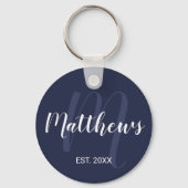 Gepersonaliseerd monogram en familienaam Navy Blue Sleutelhanger (Voorkant)