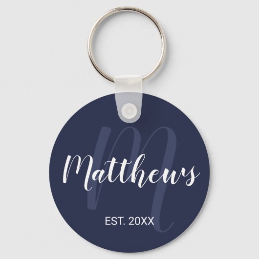 Gepersonaliseerd monogram en familienaam Navy Blue Sleutelhanger (Voorkant)