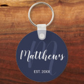 Gepersonaliseerd monogram en familienaam Navy Blue Sleutelhanger (Voorkant)