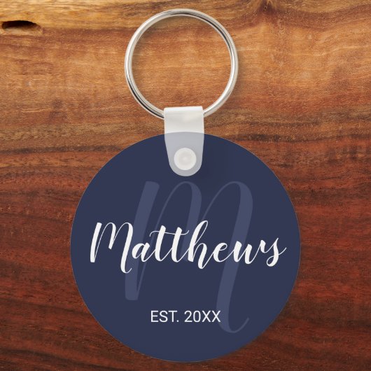 Gepersonaliseerd monogram en familienaam Navy Blue Sleutelhanger (Voorkant)