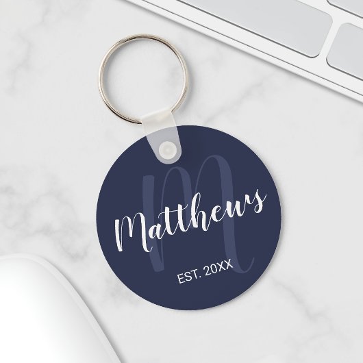 Gepersonaliseerd monogram en familienaam Navy Blue Sleutelhanger