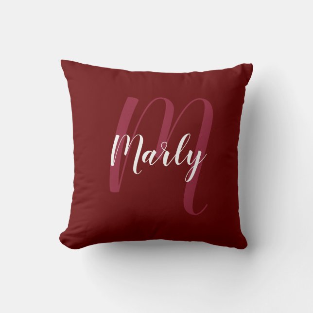 Gepersonaliseerd monogram en naam Burgandy Red Kussen (Voorkant)
