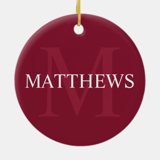 Gepersonaliseerd monogram en naam Burgundy Red Keramisch Ornament (Achterkant)
