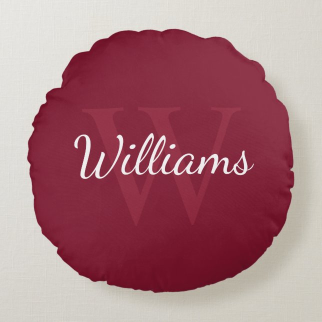 Gepersonaliseerd monogram en naam Burgundy Red Rond Kussen (Voorkant)