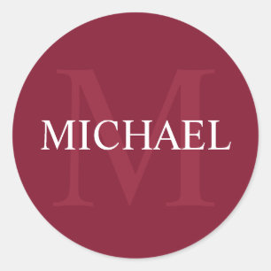 Gepersonaliseerd monogram en naam Burgundy Red Ronde Sticker