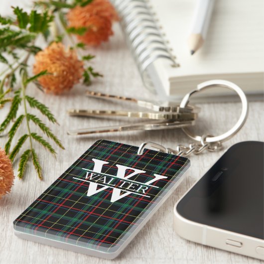 Gepersonaliseerd monogram en naam donkerspellen sleutelhanger (Voorkant Rechts)