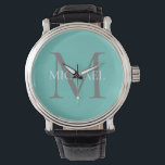 Gepersonaliseerd Monogram en Naam Licht Blauwgroen Horloge<br><div class="desc">Gepersonaliseerd Elegant Monogram en Naam Gifts met gepersonaliseerd monogram in klassieke serif lettertype stijl met doos van naam in het midden van monogram.</div>