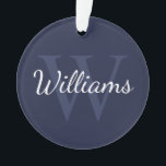 Gepersonaliseerd monogram en naam marineblauw ornament<br><div class="desc">De gepersonaliseerde eigenschappen van het Monogram en van de Gift van de Naam personaliseerde naam in de witte stijl van de manuscriptdoopvont en monogram in lichte navy blauwe serif doopvontstijl als achtergrond,  op marine blauwe achtergrond. Ideaal voor vakantie,  gezinshereniging en speciale gelegenheden.</div>