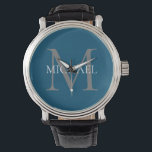 Gepersonaliseerd Monogram en Naam Ocean Blue Horloge<br><div class="desc">Gepersonaliseerd Elegant Monogram en Naam Gifts met gepersonaliseerd monogram in klassieke serif lettertype stijl met doos van naam in het midden van monogram.</div>